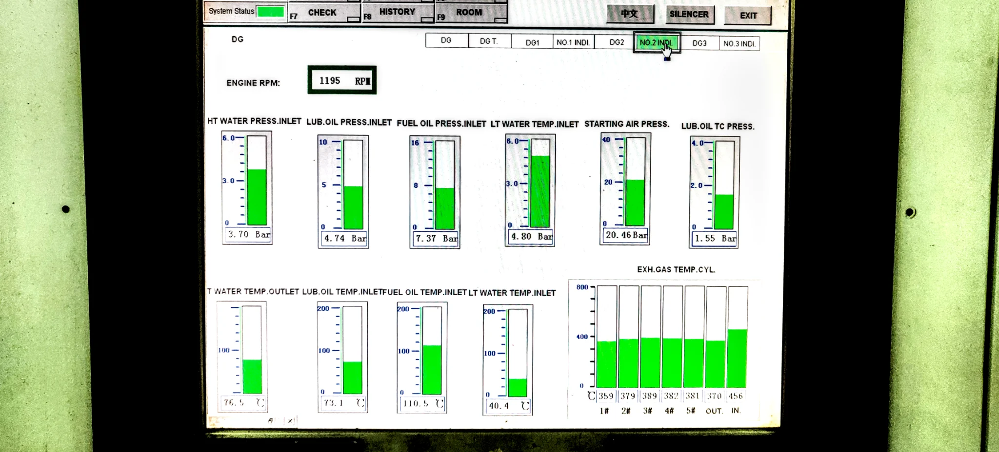HMI screen with engine, pressure and temperature values in a marine automation application