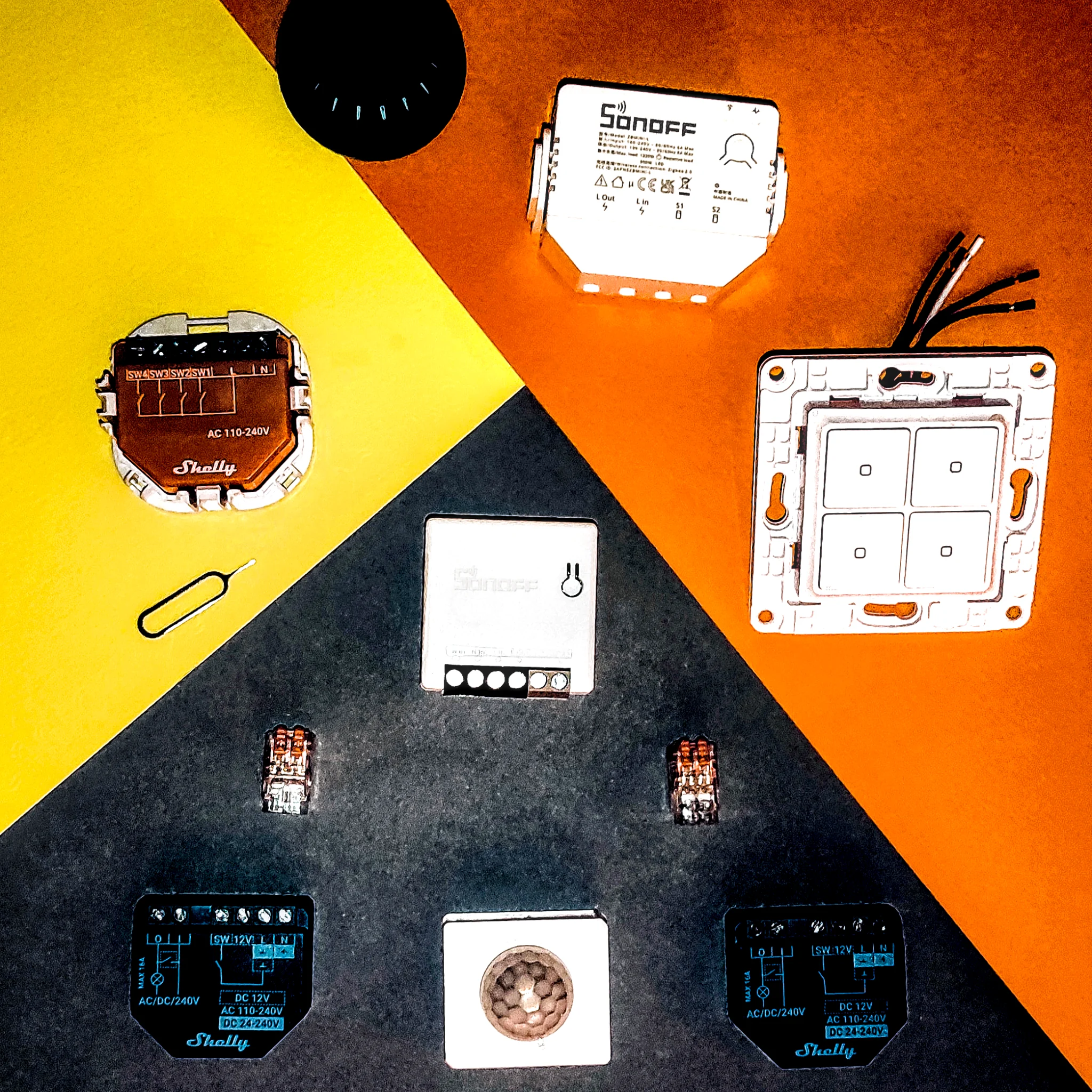 Υλικά smart home αυτοματισμού με modules, αισθητήρα PIR και διακόπτες